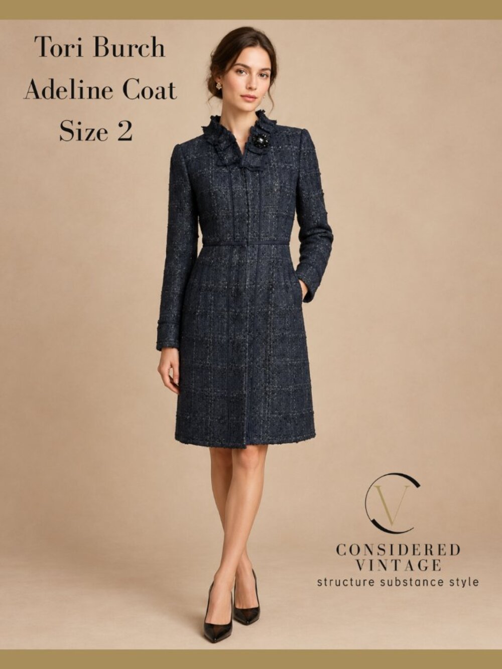 ✨Tory Burch Adeline Tweed Ruffle Neck Statement Coat✨